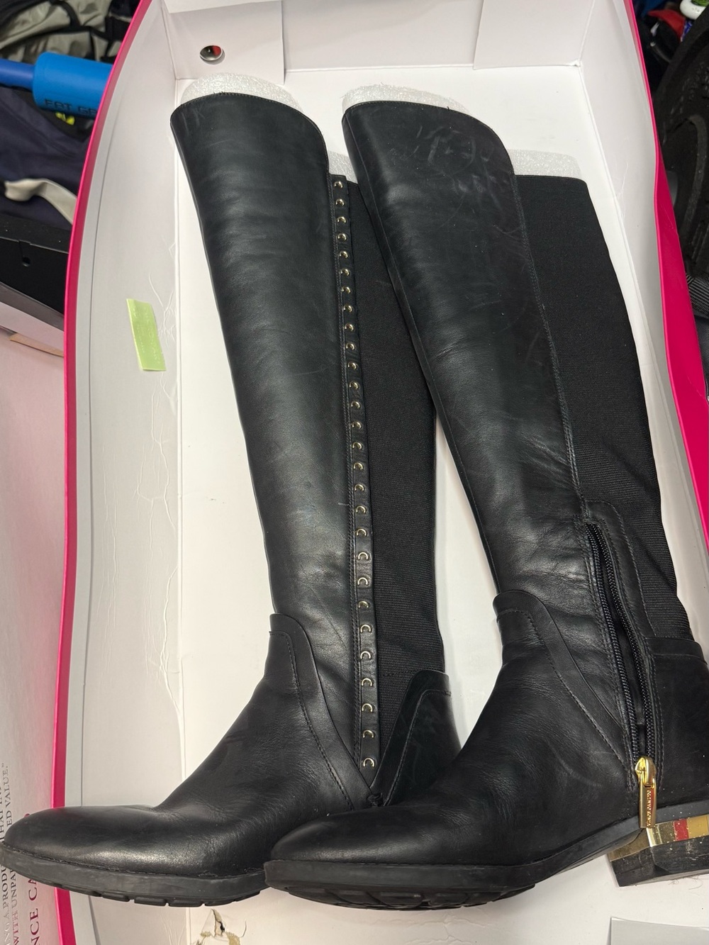 Vince Camuto Black Leather Over-the-Knee Boots with Gold Accent